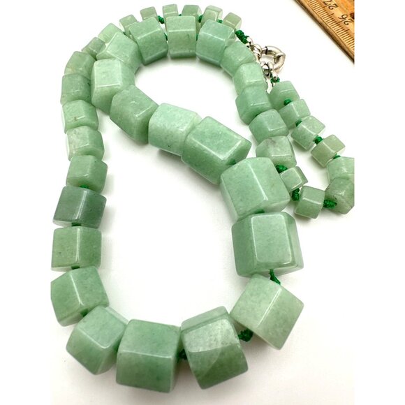 Natural Green Aventurine Necklace Vintage Chunky Hexagon Beads Hand Knotted - Picture 7 of 9